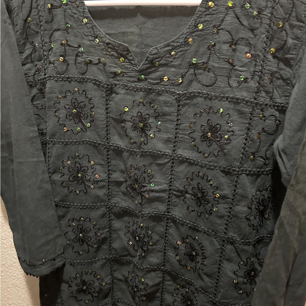 Embroidered Black Long Sleeve Top 100% Cotton